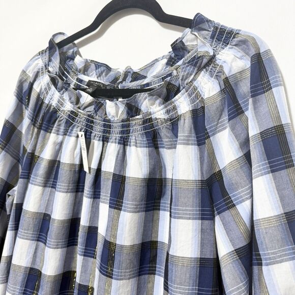 Talbots Smocked Top 1X Tinsel Tartan Plaid Blue White Gold 3/4 Sleeve Plus Size - Picture 4 of 10